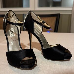 Badgley Mischka Black Satin Peep-Toe Ankle-Strap Heels with Crystal Back